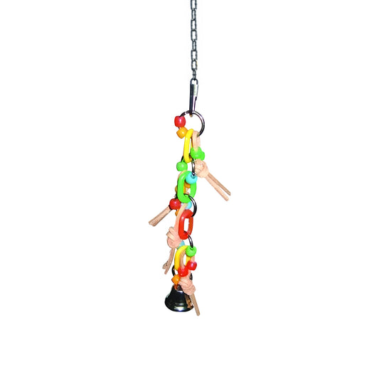 Vibrant bird toy with colorful leather strips, plastic beads, a shiny bell, and a dangling plastic chain for small birds.
