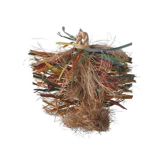Colorful Med Preener-Aronico bird toy with fibrous textures for preening, chewing, and foraging fun, sized 7x7 inches.