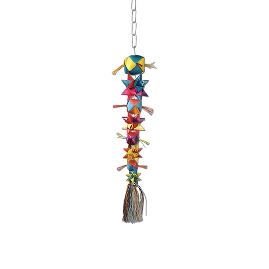 Vibrant Sm Ball and Stars toy crafted from palm leaf, featuring colorful shreddable textures, perfect for small birds.