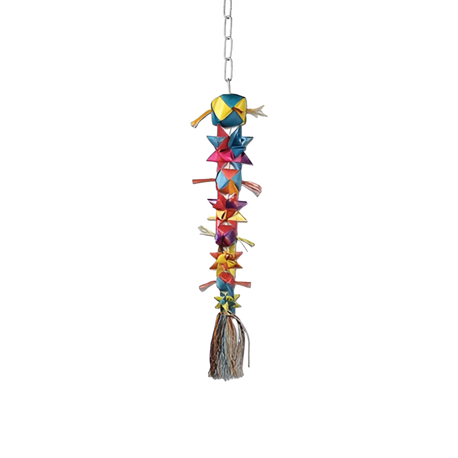Vibrant Sm Ball and Stars toy crafted from palm leaf, featuring colorful shreddable textures, perfect for small birds.