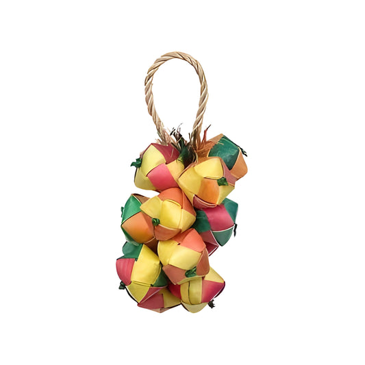 Vibrant cluster of woven colored squares, perfect for small to medium birds to chew and play, measuring 4" by 2".