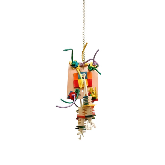 Colorful Sm Agabus-Zoo Max bird toy with textured leather, cotton rope, and sisal, perfect for small to medium birds to chew and play.