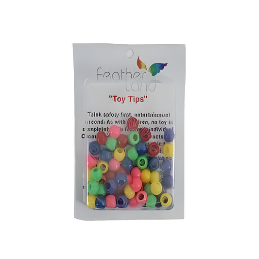 Colorful 1/2" plastic beads from Feather Land, perfect for crafting fun bird toys with vibrant, small-to-medium sizes.
