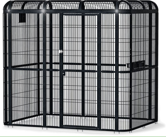 Spacious 86" x 62" black walk-in aviary by A&E Cage Co., featuring a sturdy powder-coated finish and secure key lock door.