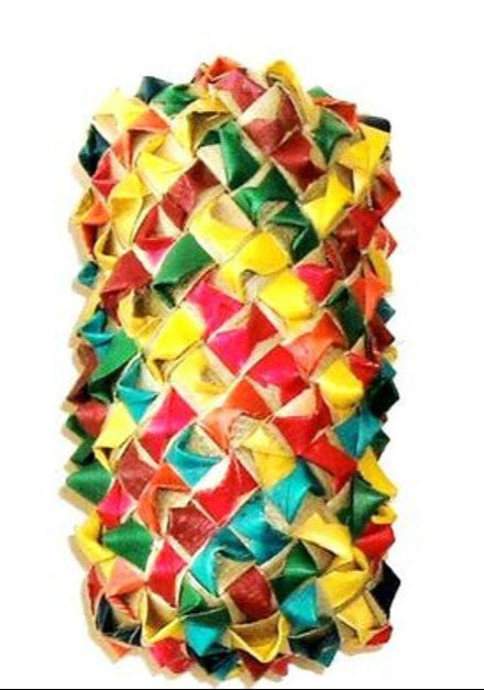 Colorful woven cylinder foot toy for large birds, featuring a textured design perfect for pecking and playing.