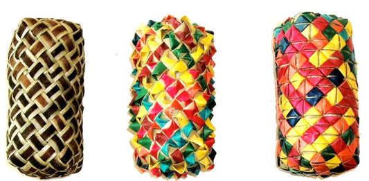 Colorful woven cylinder foot toys in a 3-pack, designed for small pets to chew and play with for endless fun.