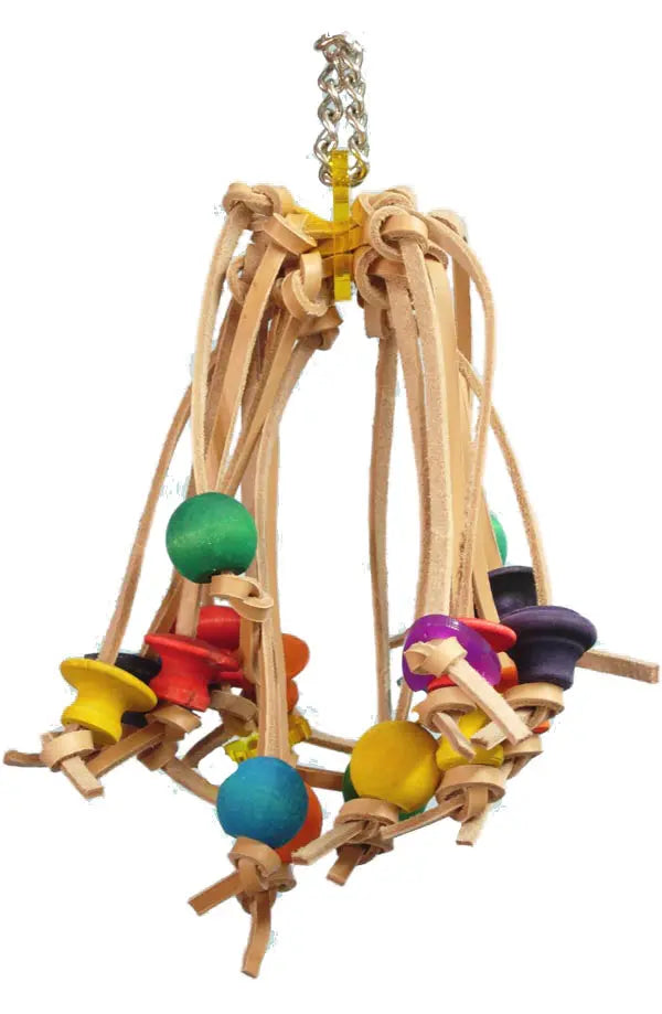 Vibrant Jumbo Spiddy-Zoo Max toy with knotted leather strips and colorful wooden shapes, perfect for large birds.