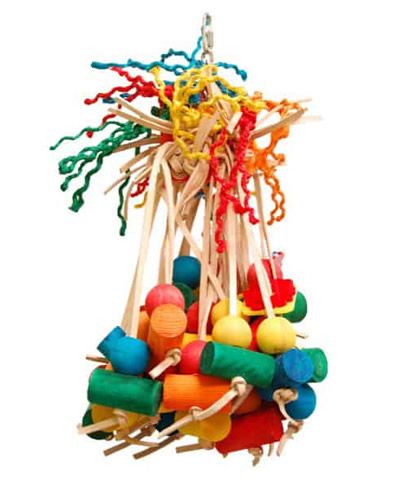 Vibrant Jumbo Spiddy-Zoo Max toy with knotted leather strips and colorful wood shapes, perfect for large birds.