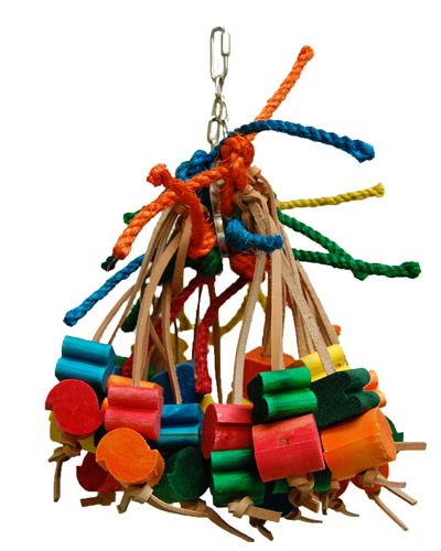 Vibrant XL Spiddy-Zoo Max toy with knotted leather strips and colorful wooden shapes, perfect for large birds to enjoy.