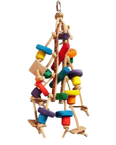 Colorful Caterpillar Zoo-Max bird toy with knotted leather strips, wooden wheels, and vibrant beads for endless play.