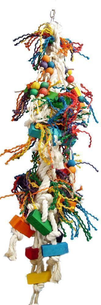 Vibrant Tuff Stuff-Zoo Max bird toy with colorful cotton and sisal ropes, wood, and leather textures for large birds.