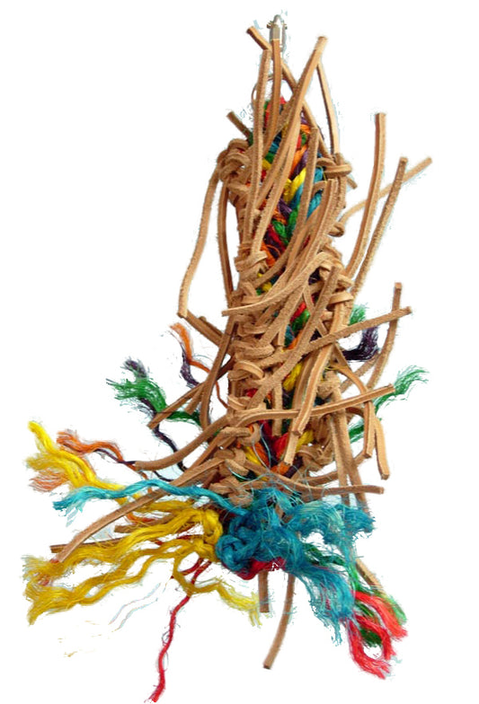Vibrant Med Puncho-Zoo Max bird toy with colorful sisal rope and knotted leather strips for chewing and preening fun.