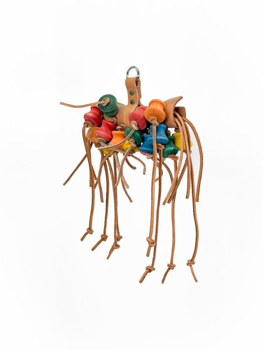 Colorful Porcupine Small toy by Zoo Max, featuring vegetable leather strips, a central leather roll, and varied wood pieces for small parrots to enjoy.