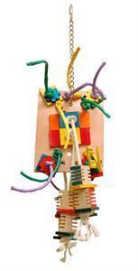 Colorful Med Agabus-Zoo Max bird toy with leather, cotton rope, and sisal textures, perfect for medium-sized birds to chew and play.