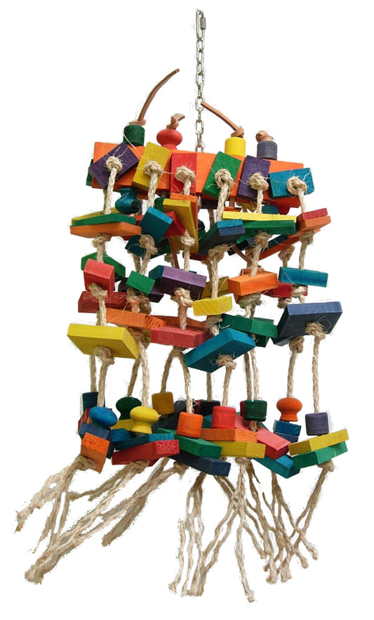 Vibrant Pianossimo Sisal-Zoo Max bird toy with colorful wooden shapes, knotted ropes, and sisal, hanging on a sturdy chain.