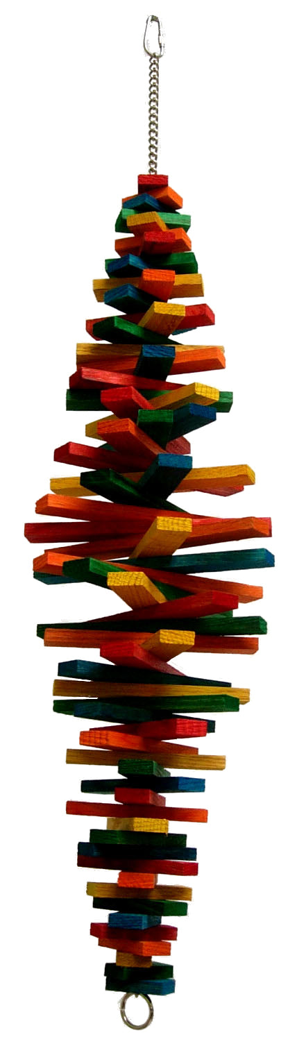 Vibrant Lg Cocotte-Zoo Max bird toy with colorful wooden slats twisting on a durable chain, perfect for large birds to play.