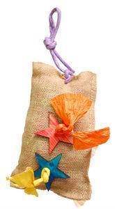 Natural burlap Med Sac Surprise-Zoo Max toy for birds, stuffed with crinkled paper, perfect for foraging fun, sized 15"x6".
