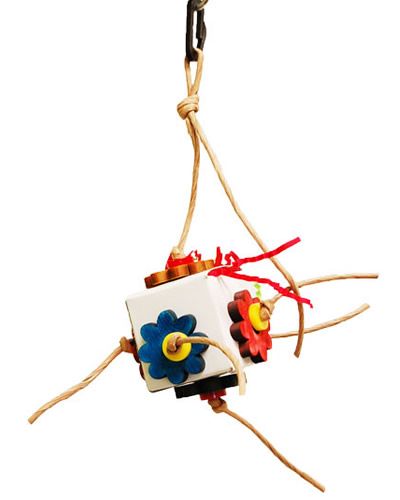 Colorful Zoo-Max Fun-Box 2" bird toy with crinkle paper, wooden stars, and plastic shapes hanging on a twisted rope.