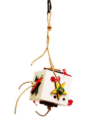 Vibrant Zoo-Max Fun-Box 3" bird toy with crinkle paper, wooden stars, and colorful plastic shapes on a twisty rope.