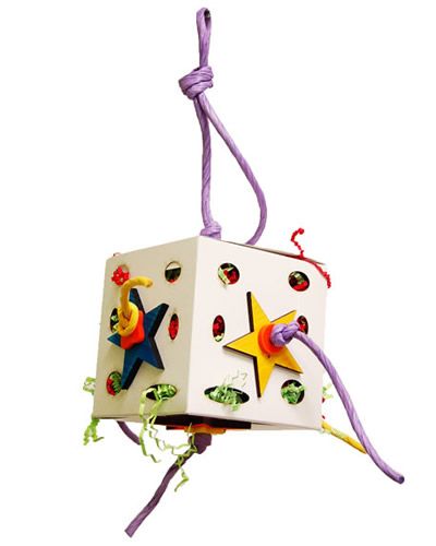 Colorful Zoo-Max Fun-Box 5" bird toy with crinkle paper, wooden stars, and plastic shapes on a paper twist rope.