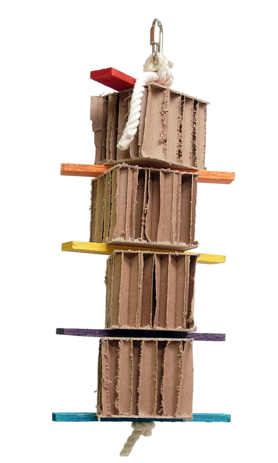 Colorful Shred-X Leather-Zoo Max toy for birds, featuring accordion-style paper boxes and wood slats on leather straps.