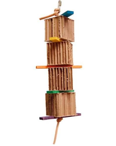 Vibrant Shred-X Leather-Zoo Max toy for medium birds, featuring four accordion-style paper boxes and wood slats on leather.