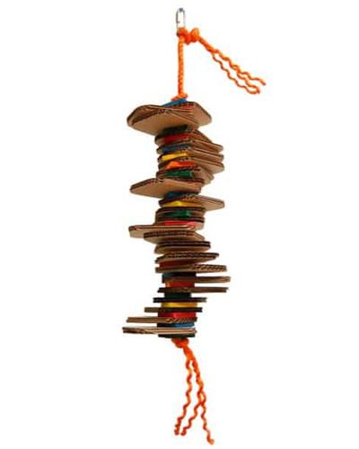 Vibrant Spiral Shred X-Zoo Max toy with layers of honeycomb paper and colorful wood slices, hanging on sisal for birds to chew.