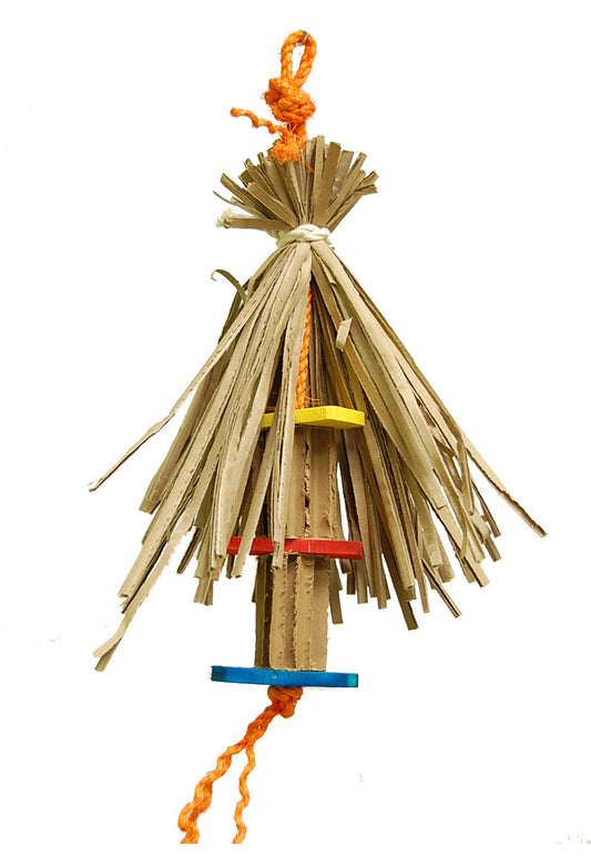 Vibrant Sombrero-Zoo Max bird toy with colorful wooden slats, paper boxes, and shreddable paper on a sturdy sisal rope.