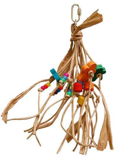 Colorful Jumper-Zoo Max bird toy with vibrant beads and tightly rolled paper rope, perfect for medium-sized birds to preen and play.