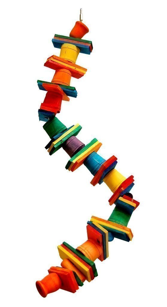 Colorful wooden blocks and balls twist on a sturdy wire in the Med Boa-Zoo Max, a versatile 26-inch bird toy for medium cages.
