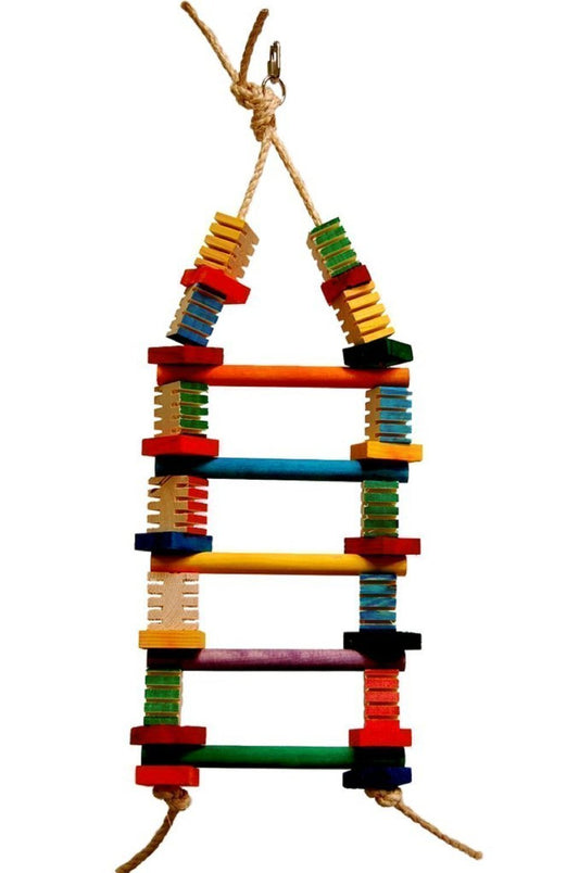 Vibrant 24" Groovy Ladder-Zoo Max bird toy with colorful wooden blocks in various shapes, hung by sisal rope for playful chewing.