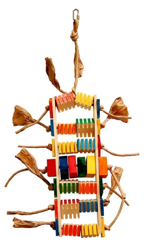 Vibrant Med Groovy Bonzo-Zoo Max bird toy with colorful wooden blocks, twisted paper ropes, and rotating shapes for chewing fun.
