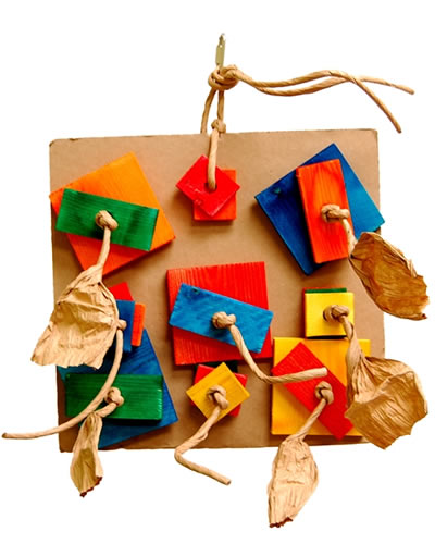 Vibrant 12" Large Pizza-Zoo Max bird toy with colorful cardboard, wooden blocks, and twisted paper string for engaging play.