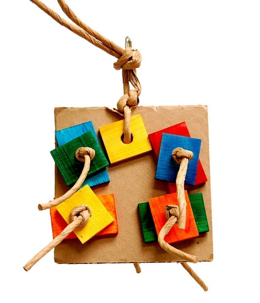 Colorful 6" Sm Pizza-Zoo Max bird toy with cardboard, wooden blocks, and twisted paper string for engaging play.