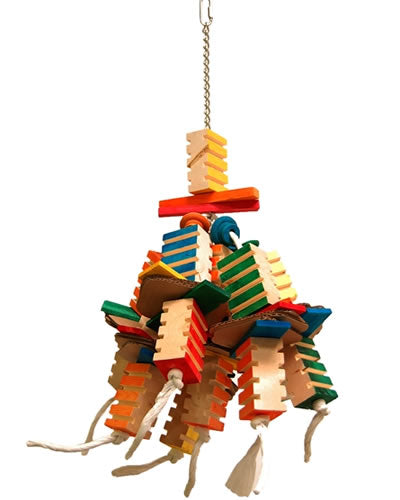 Colorful Zoo-Max Groovy TomTom parrot toy with wooden blocks and rope, perfect for macaws and cockatoos to play and forage.