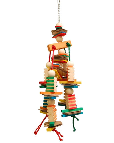 Vibrant Zoo-Max Groovy Mokky parrot toy with colorful wood blocks, cardboard, and sisal rope, perfect for large birds.