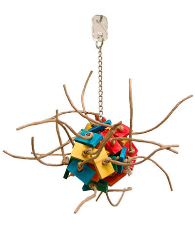 Colorful Sm Fireball toy by Zoo-Max, featuring 48 wood pieces and 20 feet of paper rope on a sturdy chain for birds.