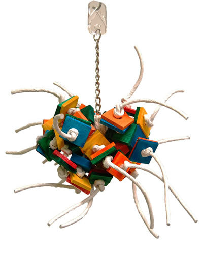 Vibrant Md Fireball toy by Zoo-Max, featuring colorful wood pieces and paper rope on a sturdy chain for playful birds.