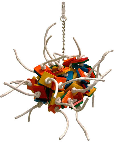 Vibrant Lg Fireball toy by Zoo-Max, featuring colorful wood pieces and paper rope on a sturdy chain for large birds.