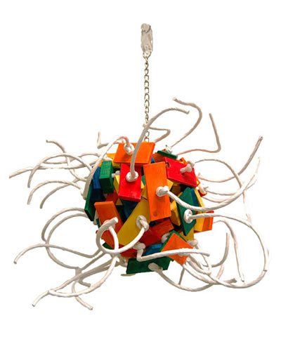 Vibrant X-Lg Fireball bird toy by Zoo-Max, featuring colorful paper rope and numerous wood pieces, perfect for Macaws.