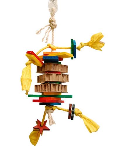 Vibrant Zoo-Max Dynamite Small bird toy with colorful wooden shapes, cardboard slices, and cotton rope for playful birds.