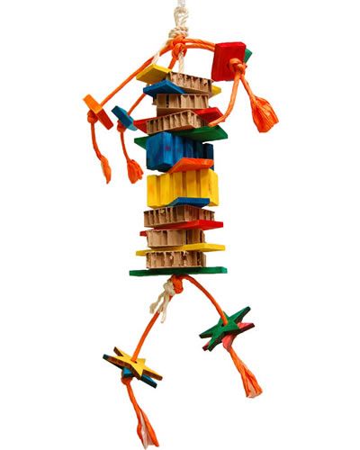 Vibrant Zoo-Max Dynamite Medium bird toy with colorful wood pieces, shapes, and cardboard slices on cotton and paper ropes.