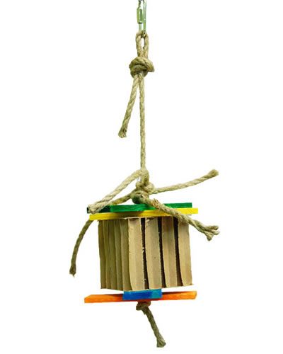 Vibrant Zoo-Max ShooShoo-Shred bird toy with a colorful accordion paper box, wooden slats, and jute rope for foraging fun.