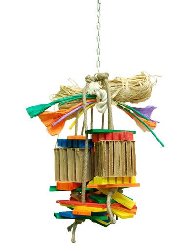 Vibrant Zoo-Max Raffy-Rocky bird toy with colorful paper boxes, wood slats, raffia, and jute rope, perfect for large birds.
