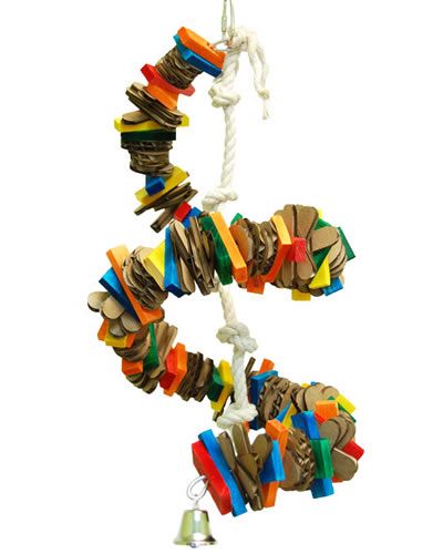 Vibrant Zoo-Max Bongo Twist small bird toy with colorful wooden shapes, cardboard slices, cotton rope, and a shiny bell.
