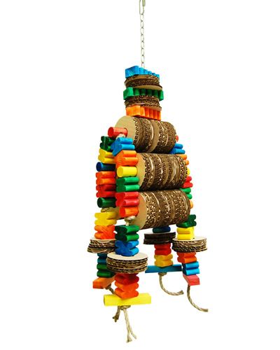 Vibrant Zoo-Max Robot Medium Bird Toy with colorful cardboard slices, textured wood blocks, and durable jute rope.