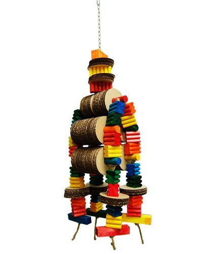 Vibrant Zoo-Max Robot Large bird toy with colorful cardboard slices, textured wood blocks, and tangled jute rope for chewing fun.