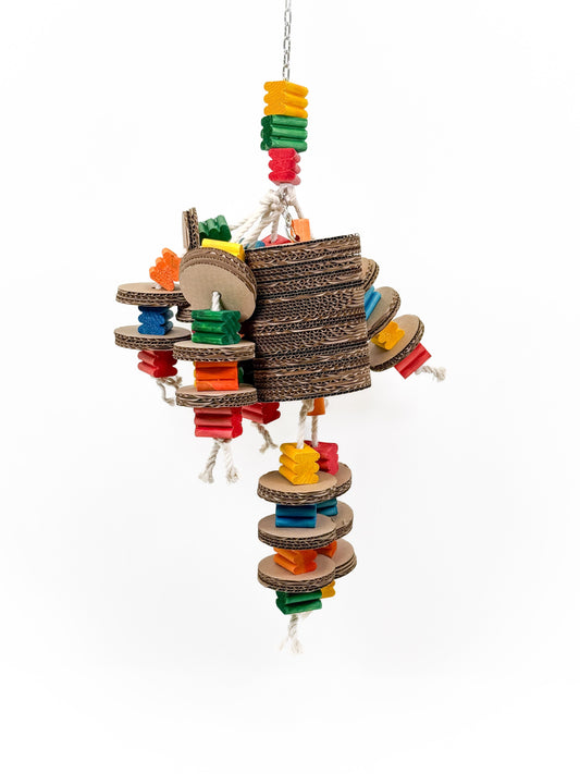 Vibrant Bombus Large Zoo Max bird toy with colorful cardboard discs and pine wood boxes for engaging foraging play.