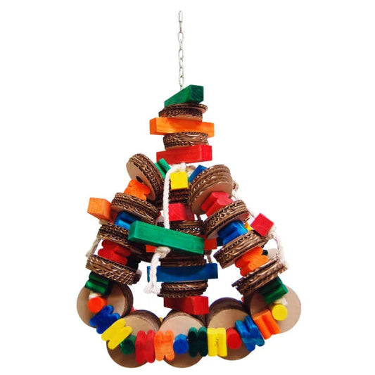 Colorful Pouffy Medium bird toy by Zoo Max, featuring pine wood, bullnose pieces, and 270 chewable cardboard discs.