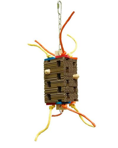 Vibrant Zoo-Max Card Tower Small bird toy with colorful cardboard slices, wooden slats, and twisted paper rope for foraging fun.